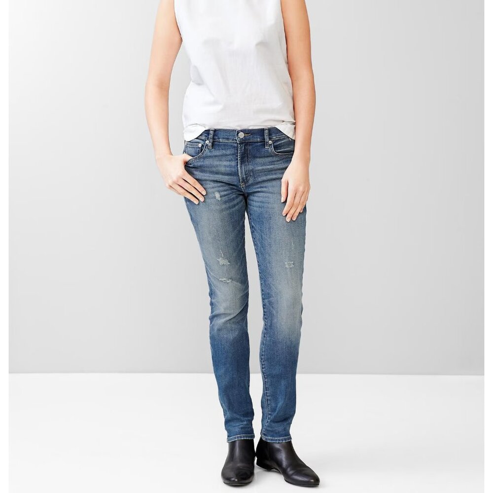 Gap1969 Resolution Slim Straight Jeans Women's Size 27L Blue Distressed Denim